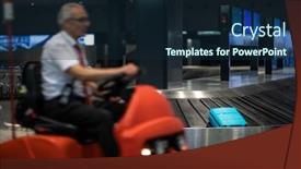  Presentation with conveyor belt - Beautiful slide deck featuring unclaimed-luggage-concept-suitcase-going backdrop and a navy blue colored foreground