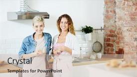  Presentation with kitchen - Amazing PPT theme having cousin - smiling girls in stylish homewear backdrop and a soft green colored foreground