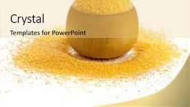  Presentation with maize - PPT theme featuring uncoocked cornmeal maize flour heap in wooden bowl isolated on white background background and a yellow colored foreground