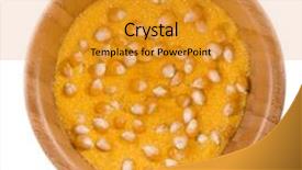  Presentation with maize - Cool new PPT theme with uncoocked cornmeal maize flour surface in wooden bowl dish isolated on white background backdrop and a gold colored foreground