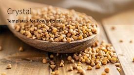 Presentation with spoon - Presentation design with uncooked-buckwheat-grain-in-wooden background and a coral colored foreground