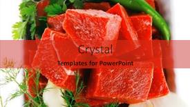  Presentation with fresh meat - Presentation having uncooked fresh beef meat chunks on white bowls with green hot peppers and vegetables isolated over white background background and a red colored foreground