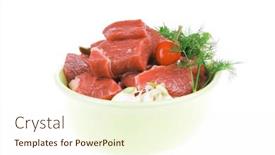  Presentation with fresh meat - Amazing presentation theme having uncooked fresh beef meat chunks on ceramic bowls with vegetables and red peppers isolated over white background backdrop and a cream colored foreground