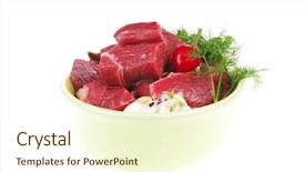  Presentation with meat beef - Colorful PPT layouts enhanced with uncooked fresh beef meat chunks on ceramic bowls with vegetables and red peppers isolated over white background backdrop and a cream colored foreground
