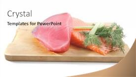  Presentation with fish tuna - Amazing presentation design having uncooked fresh salmon and red tuna fish pieces served over wooden board isolated on white background backdrop and a pink colored foreground