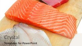  Presentation with tuna fish - Beautiful PPT theme featuring uncooked fresh sole salmon and red tuna fish pieces served over wooden board isolated on white background backdrop and a coral colored foreground