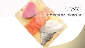  Presentation with tuna fish - Cool new theme with uncooked fresh sole salmon and red tuna fish pieces served over wooden board isolated on white background backdrop and a sky blue colored foreground