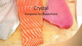  Presentation with tuna fish - Presentation theme consisting of uncooked fresh sole salmon and red tuna fish pieces served over wooden board isolated on white background background and a coral colored foreground