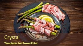  Presentation with asparagus - Presentation having uncooked-green-asparagus-with-prosciutto background and a tawny brown colored foreground