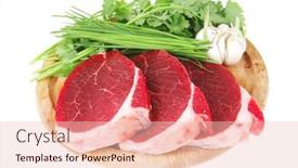  Presentation with meat beef - Slides featuring uncooked meat raw fresh beef pork fillet ready to cooking with garlic and green stuff over wood isolated over white background background and a lemonade colored foreground