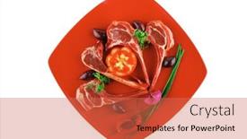  Presentation with ribs - PPT theme featuring uncooked meat ribs served on red plate background and a coral colored foreground