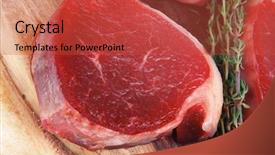  Presentation with thyme - Presentation theme consisting of uncooked raw beef fillet with thyme twig on wooden plate isolated over white background background and a red colored foreground