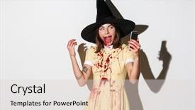  Presentation with grotesque halloween - Slides consisting of undead - frightening woman in halloween costume background and a light gray colored foreground
