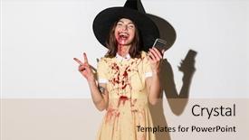  Presentation with costume - Amazing PPT theme having undead - laughing woman in halloween costume backdrop and a coral colored foreground