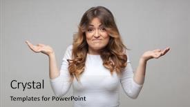  Presentation with kids doing science - Slide deck featuring shrugging woman in doubt doing background and a light gray colored foreground