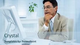  Presentation with undecided - Theme with undecided businessman at his computer background and a sky blue colored foreground