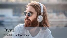  Presentation with headphones - PPT layouts featuring underground river - bearded man wearing headphones background and a light blue colored foreground
