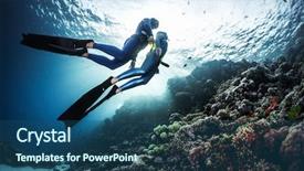  Presentation with water woman swimming underwater - Beautiful presentation design featuring underwater over vivid coral reef backdrop and a ocean colored foreground