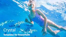  Presentation with sharks - PPT theme consisting of underwater-photo-of-young-girl background and a teal colored foreground