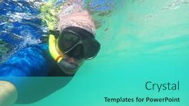  Presentation with paradise - Cool new slide deck with underwater selfie from tropical paradise scuba diver in sea sport and leisure for happy holidays picture with space for your text backdrop and a teal colored foreground
