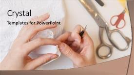  Presentation with sewing machine safety - Amazing PPT theme having undip - girl unrips fabric near sewing-machine backdrop and a  colored foreground