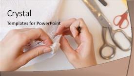  Presentation with sewing machine - PPT theme consisting of undip - woman unrips fabric near sewing-machine background and a lemonade colored foreground