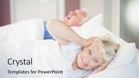  Presentation with snoring - Slides with uneasy - irritated senior woman blocking ears background and a sky blue colored foreground