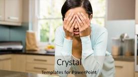  Presentation with hands and face - PPT theme enhanced with uneasy - sad brunette with hands background and a coral colored foreground