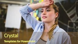  Presentation with creative teaching - Slide deck enhanced with uneasy - tired businesswoman looking away background and a tawny brown colored foreground