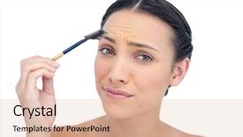  Presentation with brush - Presentation theme with uneasy young model using eyebrow brush on white background background and a coral colored foreground