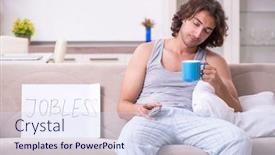  Presentation with home - Beautiful slide set featuring unemployed-man-desperate-at-home backdrop and a sky blue colored foreground