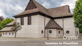  Presentation with unesco - Theme featuring unesco-monument-kezmarok-church background and a gray colored foreground