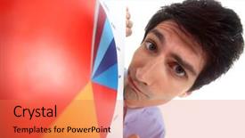  Presentation with pie chart - Cool new presentation theme with unexpected result - worried man looking backdrop and a  colored foreground
