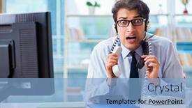  Presentation with call center - Colorful theme enhanced with unhappy-angry-call-center-worker backdrop and a light blue colored foreground