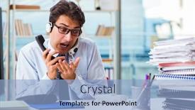  Presentation with call center - PPT layouts having unhappy-angry-call-center-worker background and a light blue colored foreground