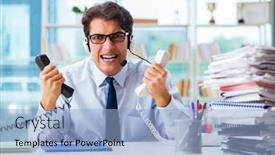  Presentation with call center - Beautiful PPT theme featuring unhappy-angry-call-center-worker backdrop and a light blue colored foreground