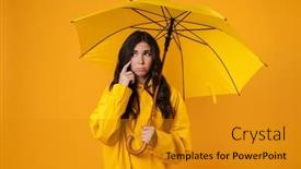  Presentation with under umbrella - Audience pleasing PPT theme consisting of unhappy-beautiful-girl-standing-under backdrop and a gold colored foreground