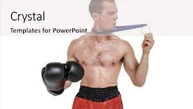  Presentation with medal - Beautiful theme featuring unhappy boxer looking at his silver medal on white background backdrop and a sky blue colored foreground