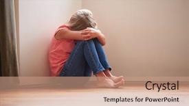  Presentation with abuse child - PPT theme consisting of unhappy child sitting on floor background and a coral colored foreground