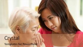  Presentation with unhappy - Amazing PPT theme having unhappy chinese mother being comforted backdrop and a coral colored foreground