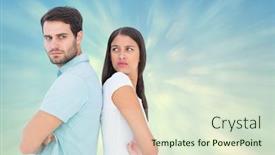 Presentation with blue design - Beautiful PPT theme featuring unhappy couple not speaking to each other against blue abstract light spot design backdrop and a soft green colored foreground