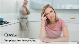  Presentation with unhappy - Audience pleasing slide set consisting of unhappy couple not talking after an argument in the kitchen at home backdrop and a light gray colored foreground