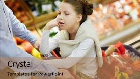  Presentation with family shopping - Slide set consisting of unhappy family - bored child sitting in shopping-cart background and a  colored foreground