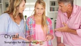  Presentation with home schoolng teens - Colorful PPT layouts enhanced with unhappy family - parents making teenage daughter do backdrop and a coral colored foreground