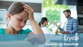 Presentation with sad girl - Beautiful slide set featuring unhappy family - sad girl leaning on chair backdrop and a teal colored foreground