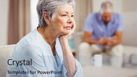  Presentation with senior living - Amazing theme having unhappy family - worried senior woman sitting backdrop and a light blue colored foreground