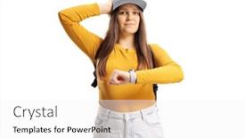  Presentation with unhappy - Presentation theme enhanced with unhappy-female-student-checking-time background and a white colored foreground