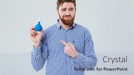  Presentation with unhappy - Colorful presentation design enhanced with unhappy-frowning-bearded-young-man backdrop and a light blue colored foreground