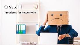  Presentation with unhappy - Cool new PPT theme with unhappy man employee with box backdrop and a sky blue colored foreground
