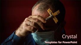  Presentation with medical cross - Beautiful slide deck featuring unhappy-man-in-medical-mask backdrop and a wine colored foreground